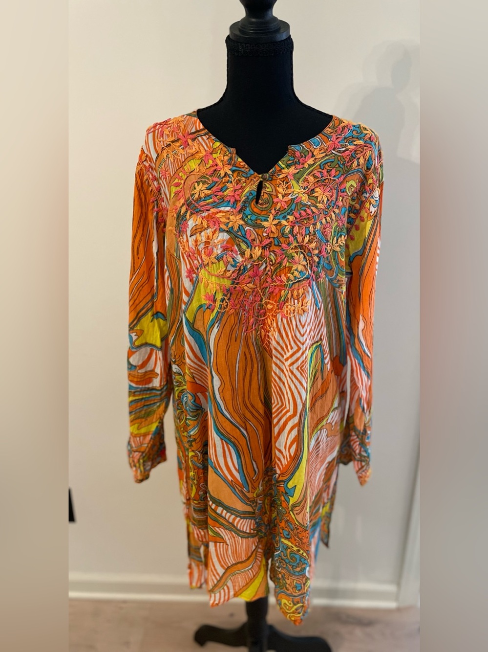 Raj Vibrant Orange Boho Embroidered Tunic Cover Up Dress Cotton Resort Summer